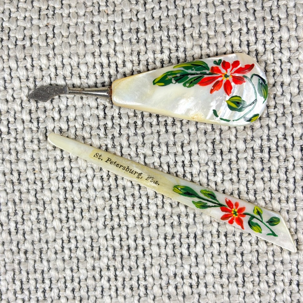 Victorian 1920s Retro White Mother of Pearl Hand Painted Vanity Tools Set 2pc